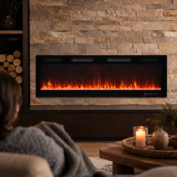HOMCOM Camino Elettrico da Incasso con Fiamma Indipendente, 3 Modalità di Riscaldamento e Telecomando, 152.4x9.4x47 cm, Nero | Aosom Italy