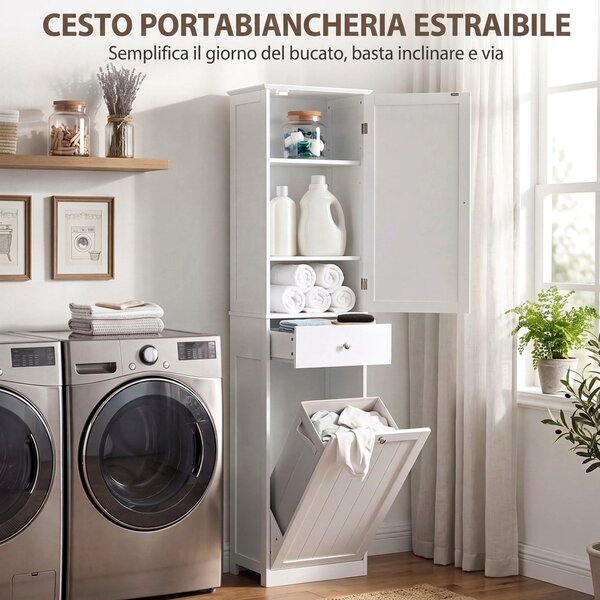HOMCOM Mobile Bagno a Colonna 180 cm con Cesto Portabiancheria Ribaltabile, Bianco | Aosom Italy