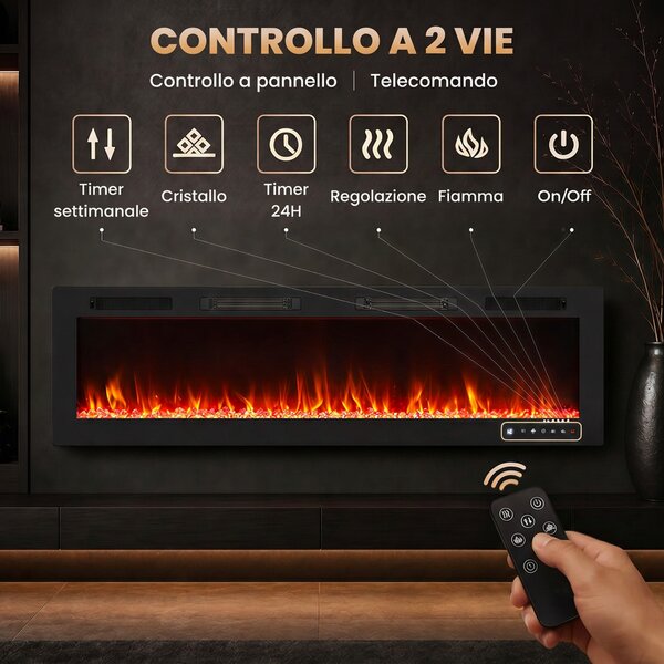 HOMCOM Camino Elettrico da Incasso con Fiamma Indipendente, 3 Modalità di Riscaldamento e Telecomando, 152.4x9.4x47 cm, Nero | Aosom Italy