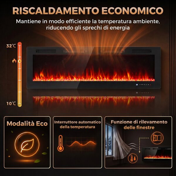 HOMCOM Camino Elettrico da Incasso con Fiamma Indipendente, 3 Modalità di Riscaldamento e Telecomando, 152.4x9.4x47 cm, Nero | Aosom Italy