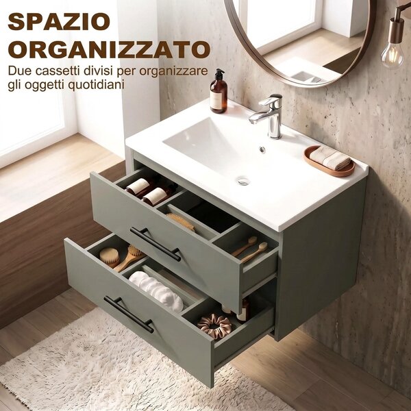 HOMCOM Mobile Sottolavabo Bagno con Lavabo Ceramica 2 Cassetti 61x40x48cm Verde | Aosom Italy