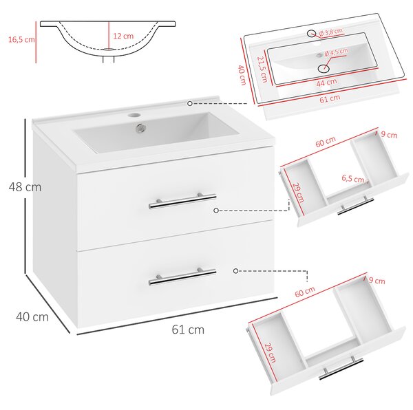 HOMCOM Mobile Lavabo Bagno, con 2 Cassetti e Lavandino, Bianco | Aosom Italy