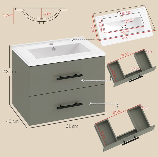 HOMCOM Mobile Sottolavabo Bagno con Lavabo Ceramica 2 Cassetti 61x40x48cm Verde | Aosom Italy