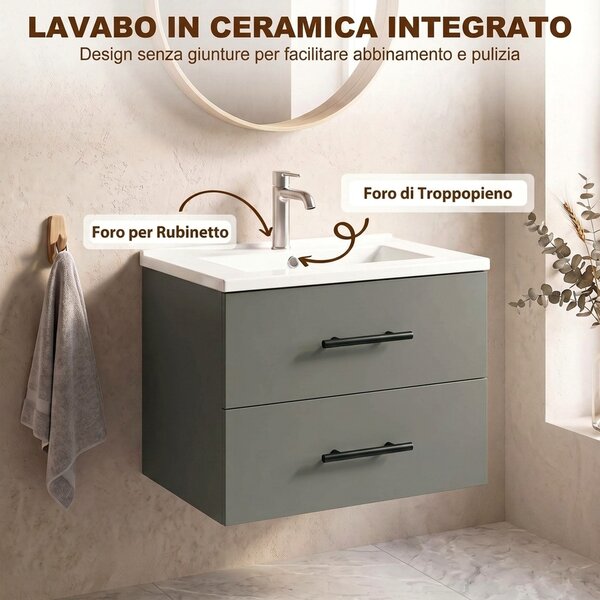 HOMCOM Mobile Sottolavabo Bagno con Lavabo Ceramica 2 Cassetti 61x40x48cm Verde | Aosom Italy