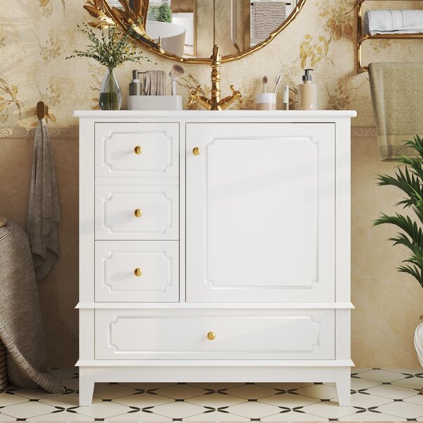 Mobiletti sotto lavabo con lavabo in Vetroceramica, dimensioni 76,5x47x87,5 cm, mobiletto bagno bianco con spazio contenitivo, cassetti, vano porta e maniglie in metallo dorato