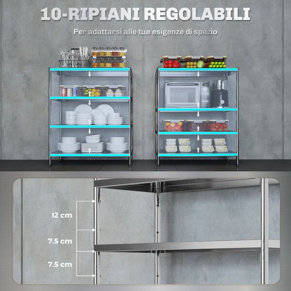 HOMCOM Scaffale da Cucina a 4 Livelli Regolabili su 10 Altezze Diverse, in Acciaio Inox, 91x40x108 cm, Argento | Aosom Italy