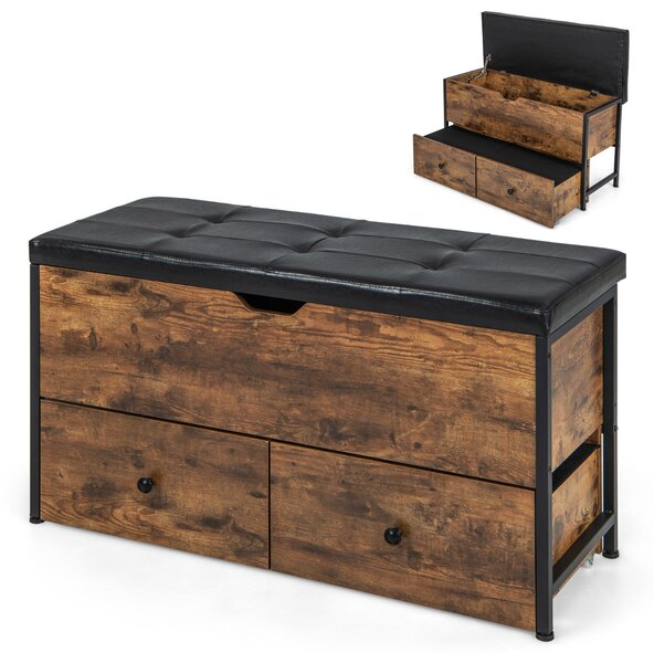 Costway Cassapanca con cuscino sedile imbottito e 2 cassetti, Panca contenitore in legno per ingresso portata 150kg Marrone