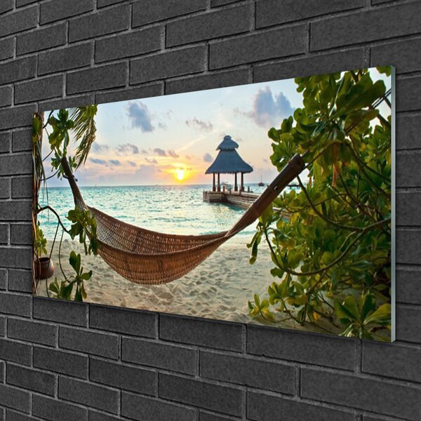 Quadro vetro Spiaggia Amaca Mare Paesaggio 100x50 cm 2 appendini