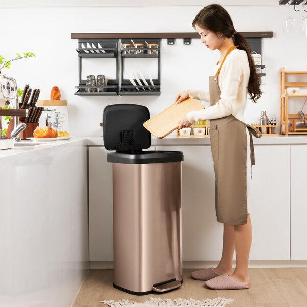 Costway Cestino dell'immondizia in acciaio inox con coperchio con chiusura automatica, Bidone della spazzatura 68L Rosa dorato