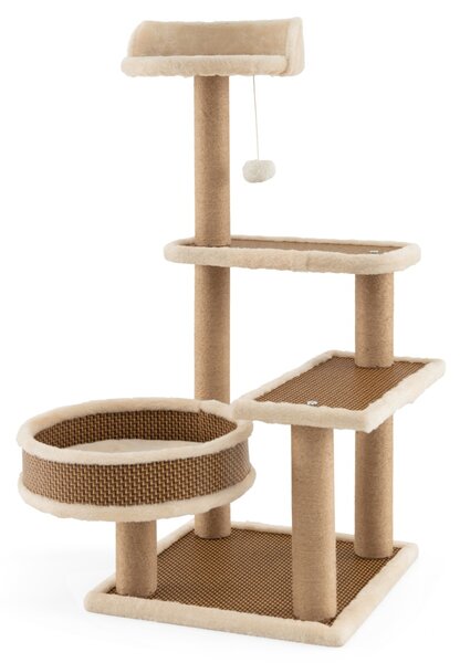 Costway Torre per gatti interno con tappetino in rattan palla appendibile tiragraffi, Albero per gatti a 4 livelli alto 90cm