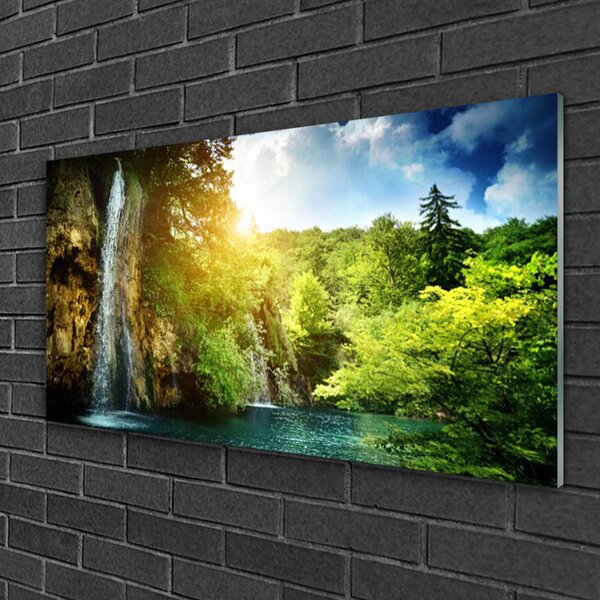 Quadro in vetro Cascata Alberi Paesaggio 100x50 cm 2 appendini