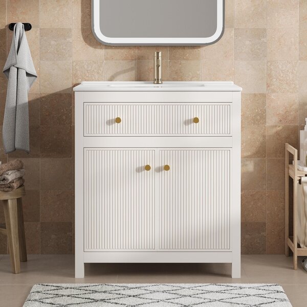 Mobile lavabo bianco da 81 cm con lavabo in Vetroceramica, 1 cassetto e 1 anta, sistema di chiusura ammortizzata, ante con superficie scanalata, modello autoportante