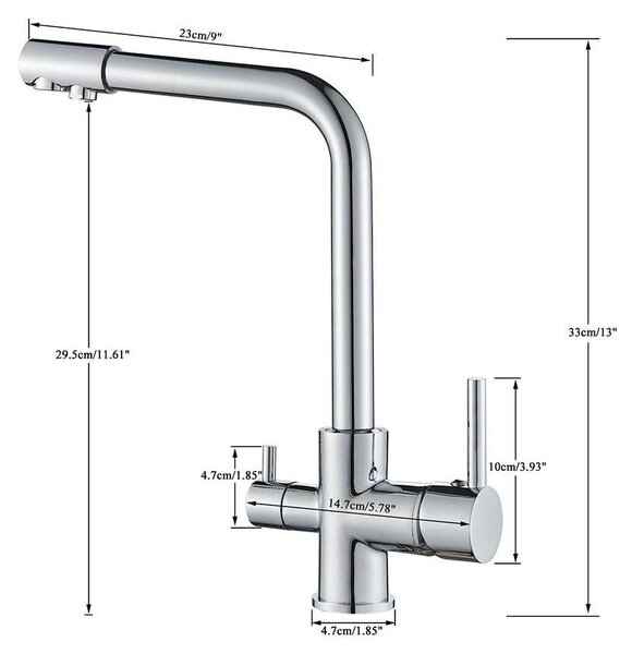 Miscelatore per lavello da cucina, con due manopole, filtro integrato, bocchetta girevole a 360°, installazione su foro singolo, per acqua calda e fredda, montaggio su piano di lavoro, realizzato in ottone, finitura cromata