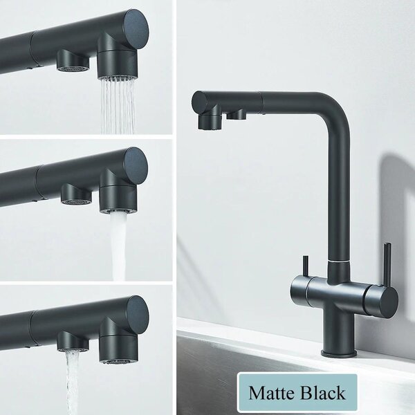 Miscelatore per cucina - Miscelatore a 3 vie - Doppio beccuccio per acqua filtrata - Doccetta estraibile - Acqua calda e fredda - Ottone - Nero opaco