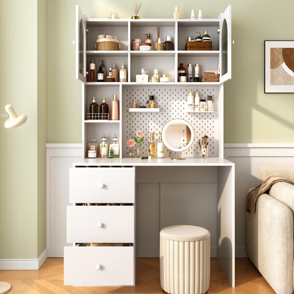 Scrivania multifunzionale con armadio e scaffale, 100x55x180 cm, scrivania in MDF bianca con spazio contenitivo, tre cassetti e ante in vetro, ideale per l'ufficio domestico e lo studio