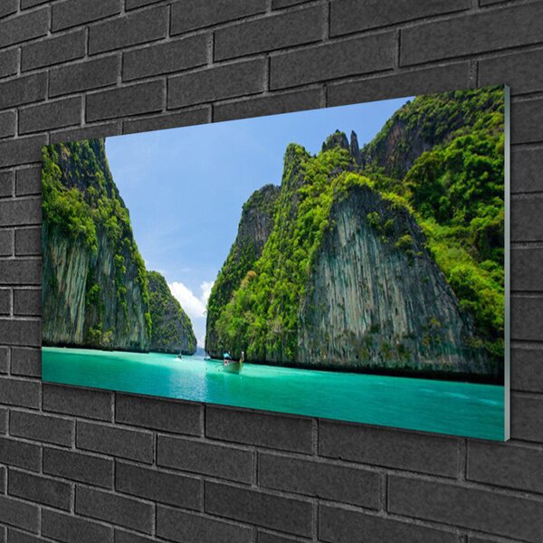 Quadro di vetro Montagne Acqua Baia Paesaggio 100x50 cm 2 appendini
