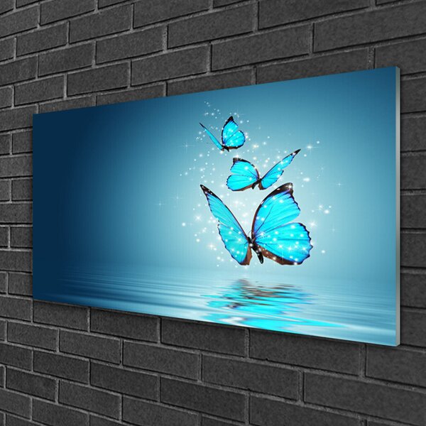 Quadro vetro Farfalle blu arte dell'acqua 100x50 cm 2 appendini