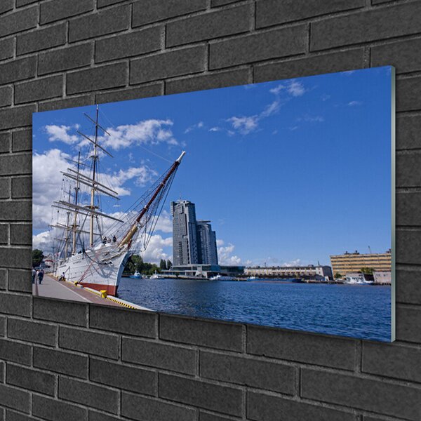 Quadro di vetro Barca Paesaggio della città di mare 100x50 cm 2 appendini