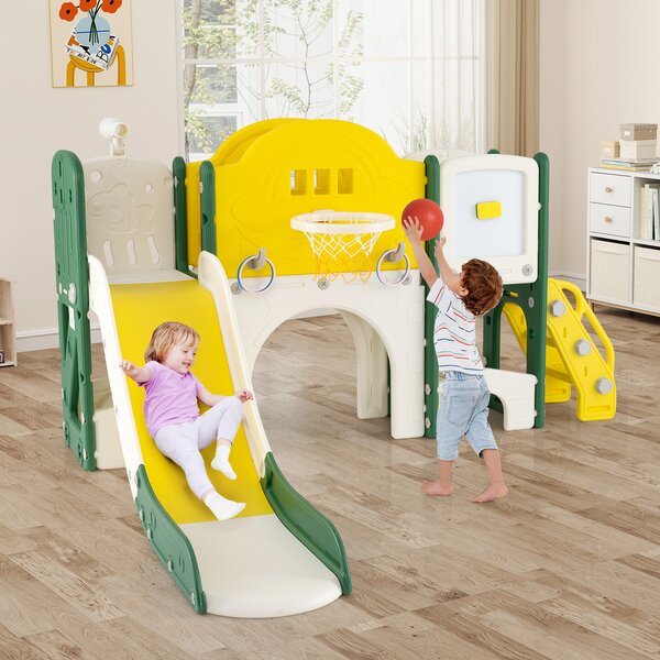 Costway Set scivolo bambini 10 in 1 arrampicata lavagna magnetica telescopio lancio anelli, Scivolo canestro basket tunnel strisciare corridoio lungo spazio stoccaggio