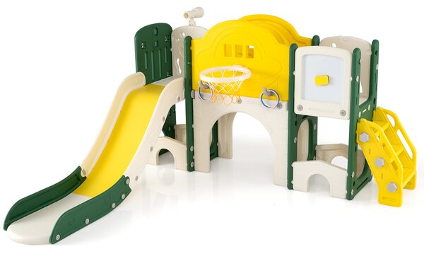 Costway Set scivolo bambini 10 in 1 arrampicata lavagna magnetica telescopio lancio anelli, Scivolo canestro basket tunnel strisciare corridoio lungo spazio stoccaggio
