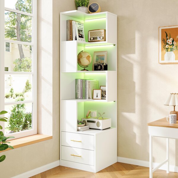 Libreria angolare bianca con illuminazione a LED, dimensioni 165x45x45 cm, 4 ripiani e 2 cassetti, ideale per soggiorno, camera da letto e studio