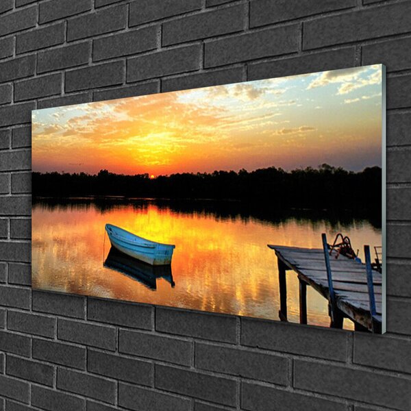 Quadro in vetro Ponte di barche Paesaggio del lago 100x50 cm 2 appendini