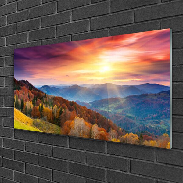 Quadro su vetro Montagna foresta sole paesaggio 100x50 cm 2 appendini