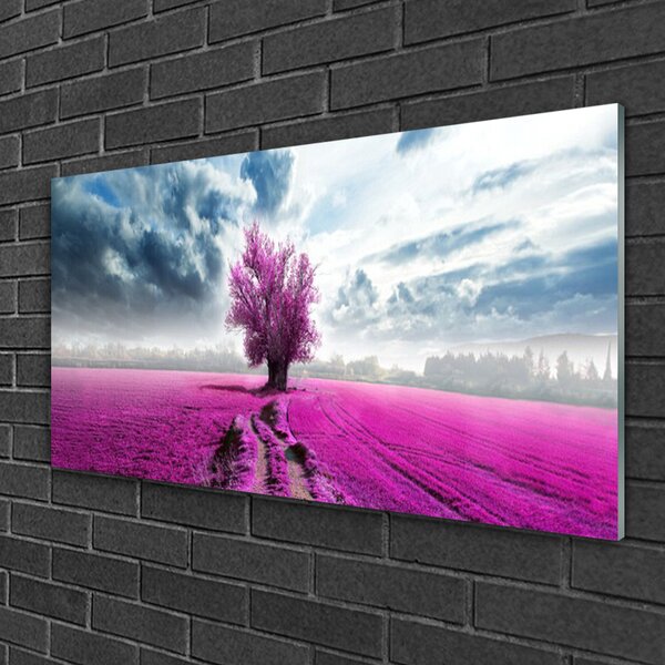 Quadro vetro Prato Albero Natura 100x50 cm 2 appendini