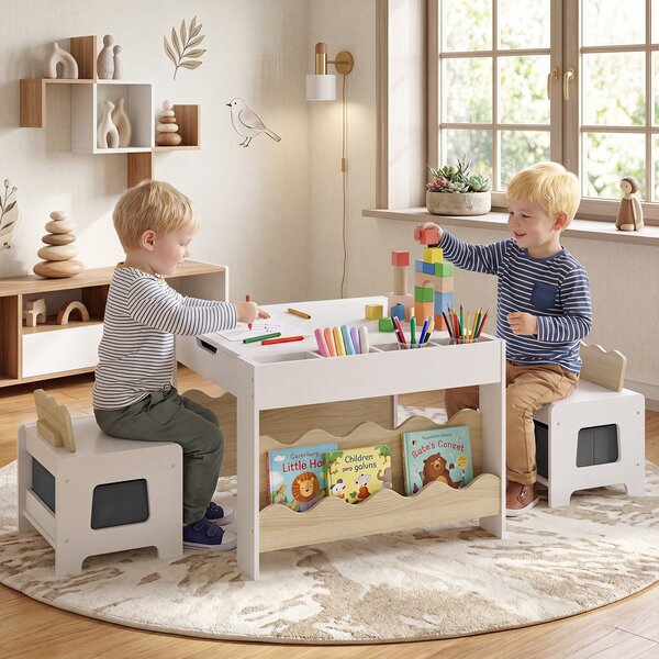 Costway Set tavolo e sedie bambini 3+ legno lavagna rimovibile, Tavolino 3 in 1 ergonomico cassetto tessuto camera soggiorno Naturale e Bianco