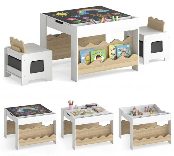 Costway Set tavolo e sedie bambini 3+ legno lavagna rimovibile, Tavolino 3 in 1 ergonomico cassetto tessuto camera soggiorno Naturale e Bianco