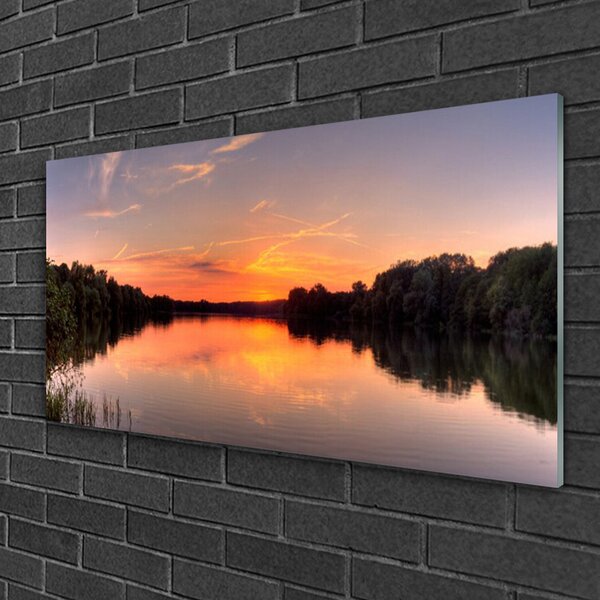Quadro di vetro Paesaggio della Foresta del Lago 100x50 cm 2 appendini
