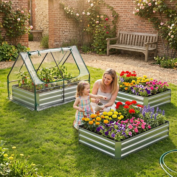Costway Mini serra orto rialzato zincato con drenaggio esterno, Fioriera da giardino con cassone per terrazzo 127x97x93cm