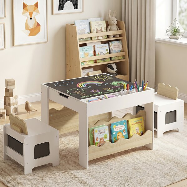 Costway Set tavolo e sedie bambini 3+ legno lavagna rimovibile, Tavolino 3 in 1 ergonomico cassetto tessuto camera soggiorno Naturale e Bianco