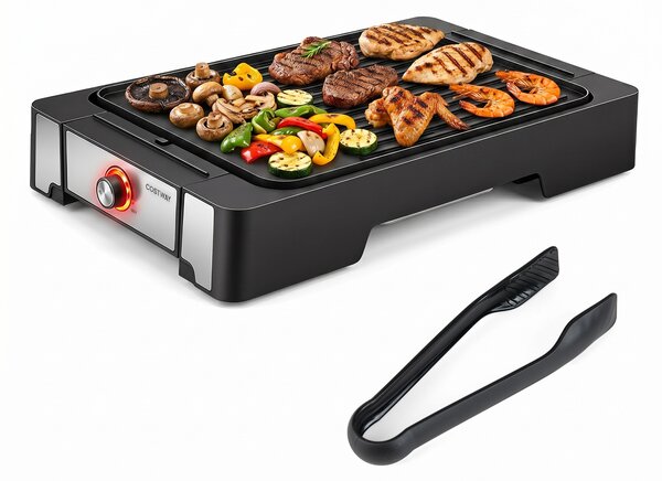 Costway Griglia elettrica antiaderente 2300w con piastra a 2 zone temperatura regolabile con vassoio raccogli-grasso e pinza, Piastra grill elettrica