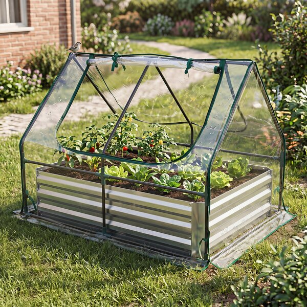 Costway Mini serra orto rialzato zincato con drenaggio esterno, Fioriera da giardino con cassone per terrazzo 127x97x93cm
