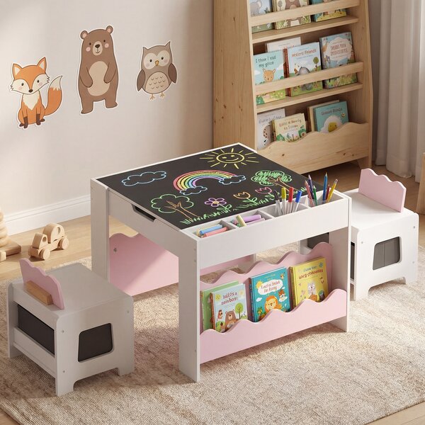Costway Tavolino 3 in 1 ergonomico cassetto tessuto e lavagna rimovibile, Set tavolo e sedie in legno per bambini 3+ camera soggiorno Rosa e Bianco