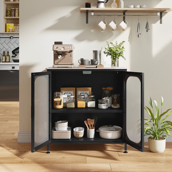 Costway Credenza buffet nero mobile contenitore 2 ante semitrasparenti ripiano regolabile 83 x 42 x 85,5 cm, Credenza da cucina con ampio piano