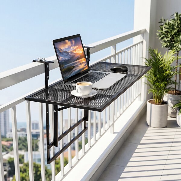 Costway Tavolino pieghevole da balcone Tavolino metallo appendibile ringhiera piano largo altezza 5 livelli regolabil 80 x 50 cm, Tavolo richiudibile per giardino