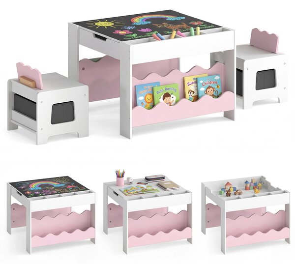 Costway Tavolino 3 in 1 ergonomico cassetto tessuto e lavagna rimovibile, Set tavolo e sedie in legno per bambini 3+ camera soggiorno Rosa e Bianco
