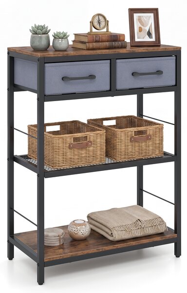 Costway Tavolino salotto stretto con 2 cassetti in tessuto e 2 ripiani aperti, Tavolino salotto stretto per soggiorno corridoio e camera da letto Marrone Rustico