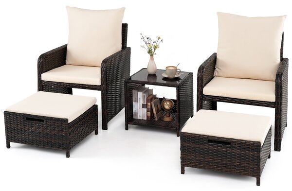 Costway Salotto esterno rattan 5 pz con tavolino vetro e 2 poltrone e 2 pouf, Set giardino per terrazzo balcone piscina beige