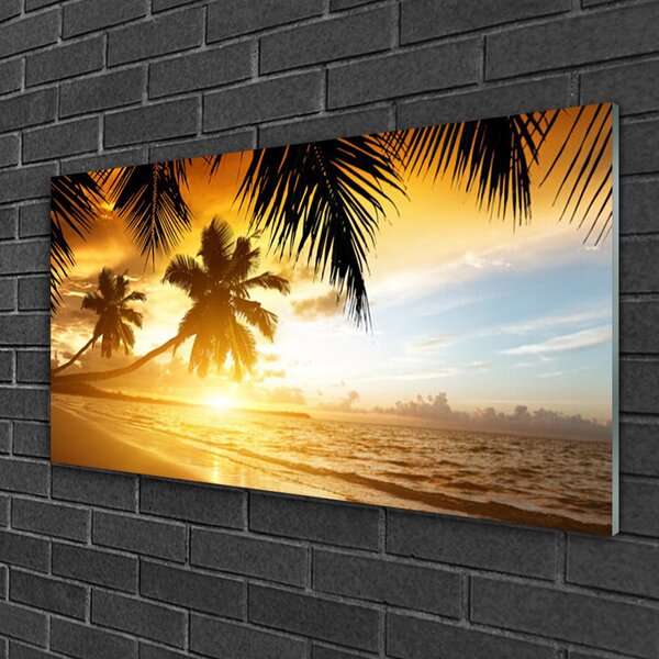 Quadro in vetro Spiaggia Palma Mare Paesaggio 100x50 cm 2 appendini