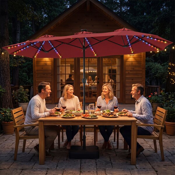 Costway Ombrellone da giardino doppio 108 luci led solari 12 modalità 3 prese d'aria manovella e base, Ombrellone da esterno con 12 stecche Bordeaux