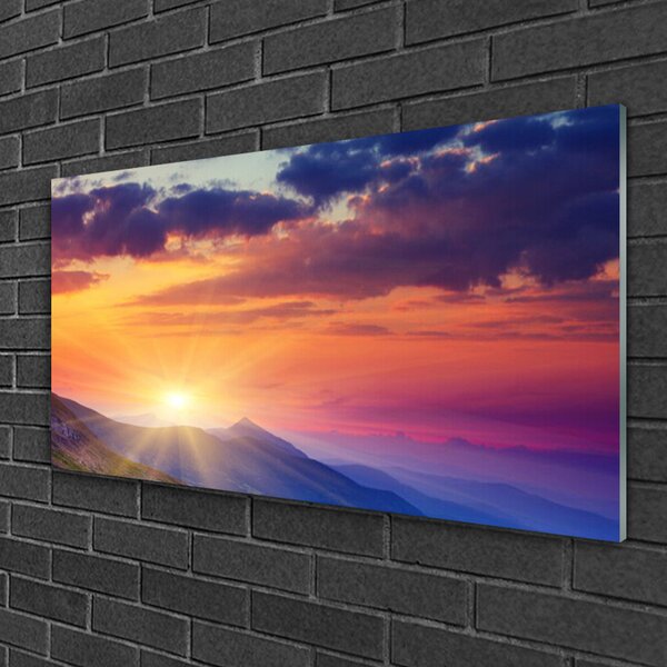Quadro su vetro Paesaggio delle montagne del sole 100x50 cm 2 appendini