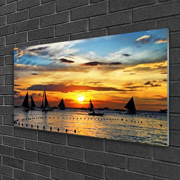 Quadro su vetro Barche Mare Sole Paesaggio 100x50 cm 2 appendini