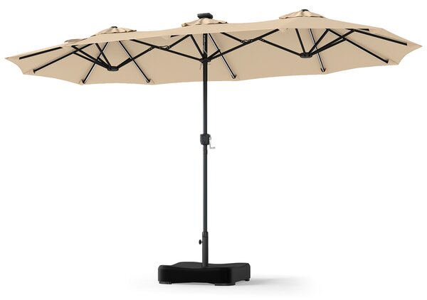 Costway Ombrellone da giardino doppio 108 luci led solari 12 modalità 3 prese d'aria manovella e base, Ombrellone da esterno con 12 stecche Beige