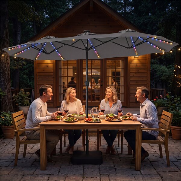 Costway Ombrellone da giardino doppio 108 luci led solari 12 modalità 3 prese d'aria manovella e base, Ombrellone da esterno con 12 stecche Grigio