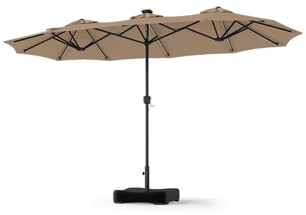 Costway Ombrellone da giardino doppio 108 luci led solari 12 modalità 3 prese d'aria manovella e base, Ombrellone da esterno con 12 stecche Marrone