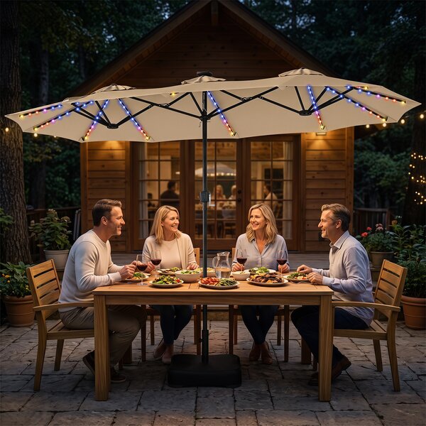 Costway Ombrellone da giardino doppio 108 luci led solari 12 modalità 3 prese d'aria manovella e base, Ombrellone da esterno con 12 stecche Beige