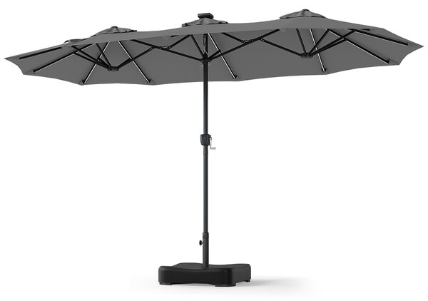 Costway Ombrellone da giardino doppio 108 luci led solari 12 modalità 3 prese d'aria manovella e base, Ombrellone da esterno con 12 stecche Grigio